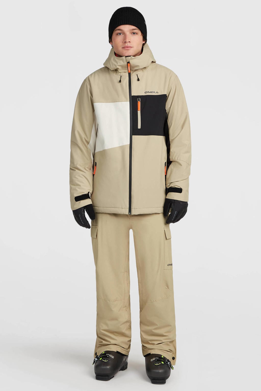 Zand, wit en zwarte heren O'Neill ski-jas van polyester met meerkleurige print, capuchon en ritssluiting