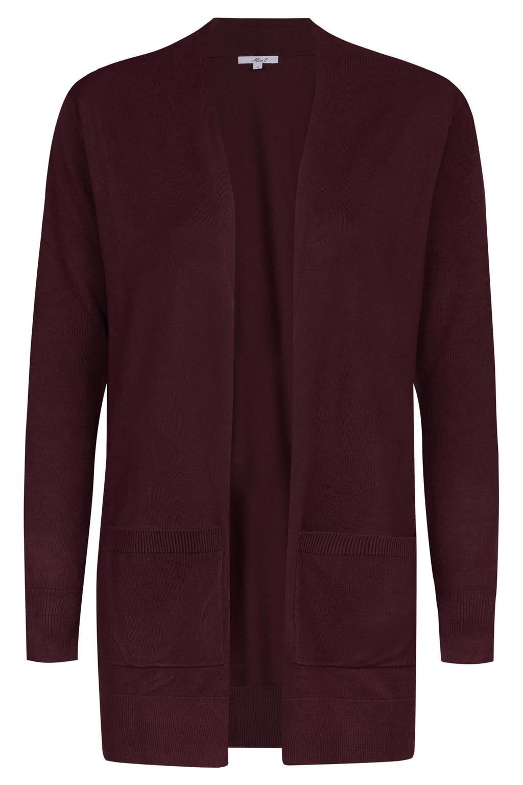 Aubergine dames Miss Etam rechtvallend gebreid vest van viscose met effen, lange mouwen en openvallende hals