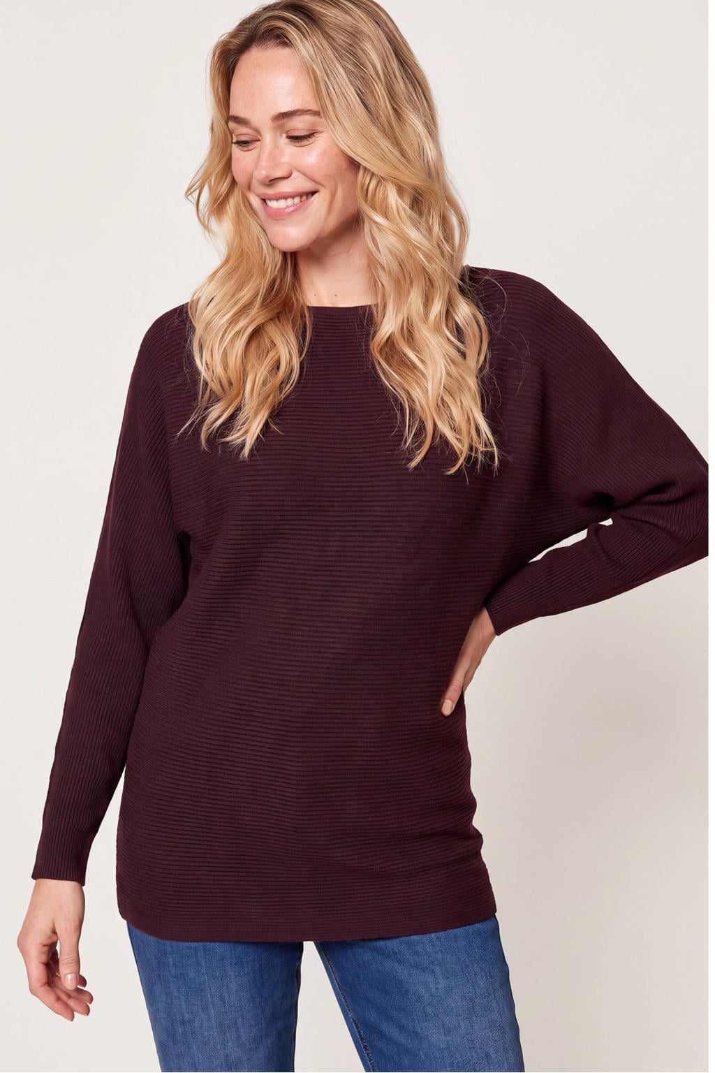 Aubergine dames Miss Etam oversized gebreide trui van viscose met effen, lange mouwen en ronde hals