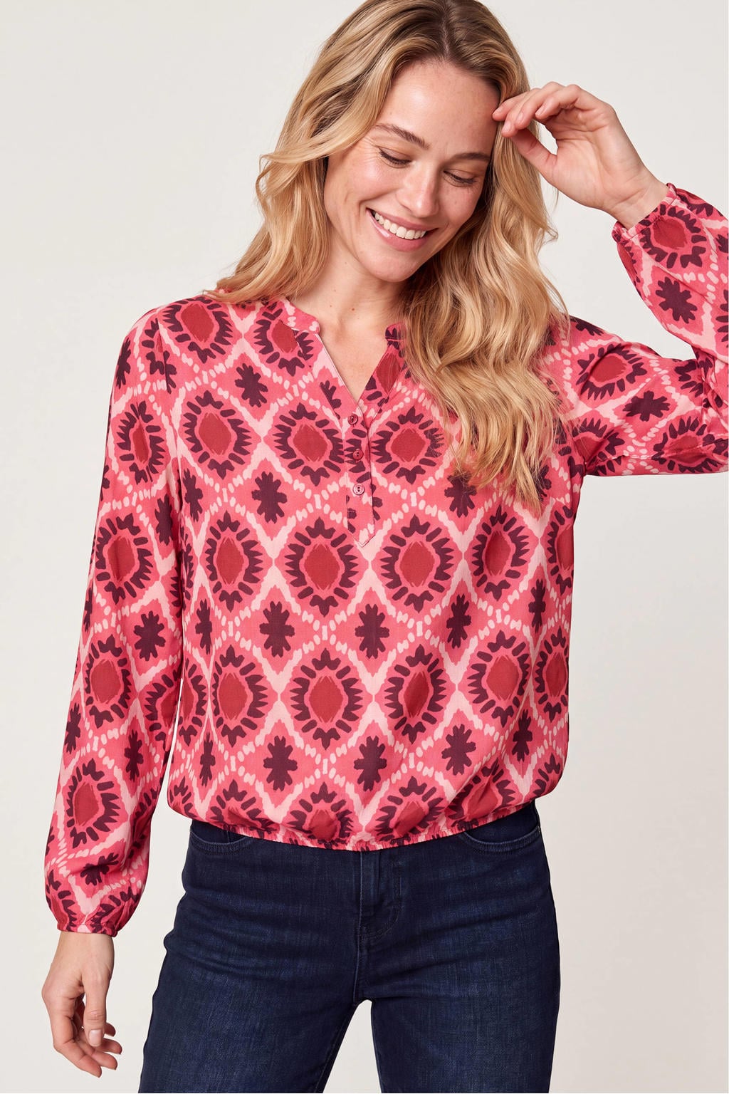 Roze dames Miss Etam van viscose met lange mouwen, V-hals en knoopsluiting