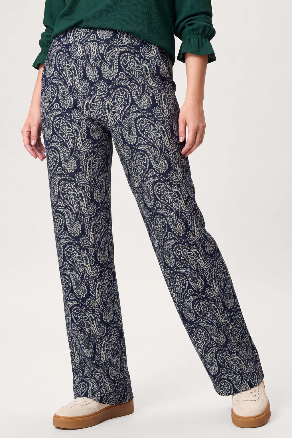 Donkerblauwe dames Miss Etam regular fit broek van polyester met high waist, elastische tailleband en paisley print