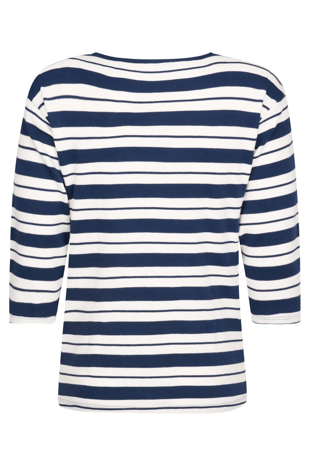 Donkerblauw en witte dames Miss Etam gestreepte top met driekwart mouwen en ronde hals