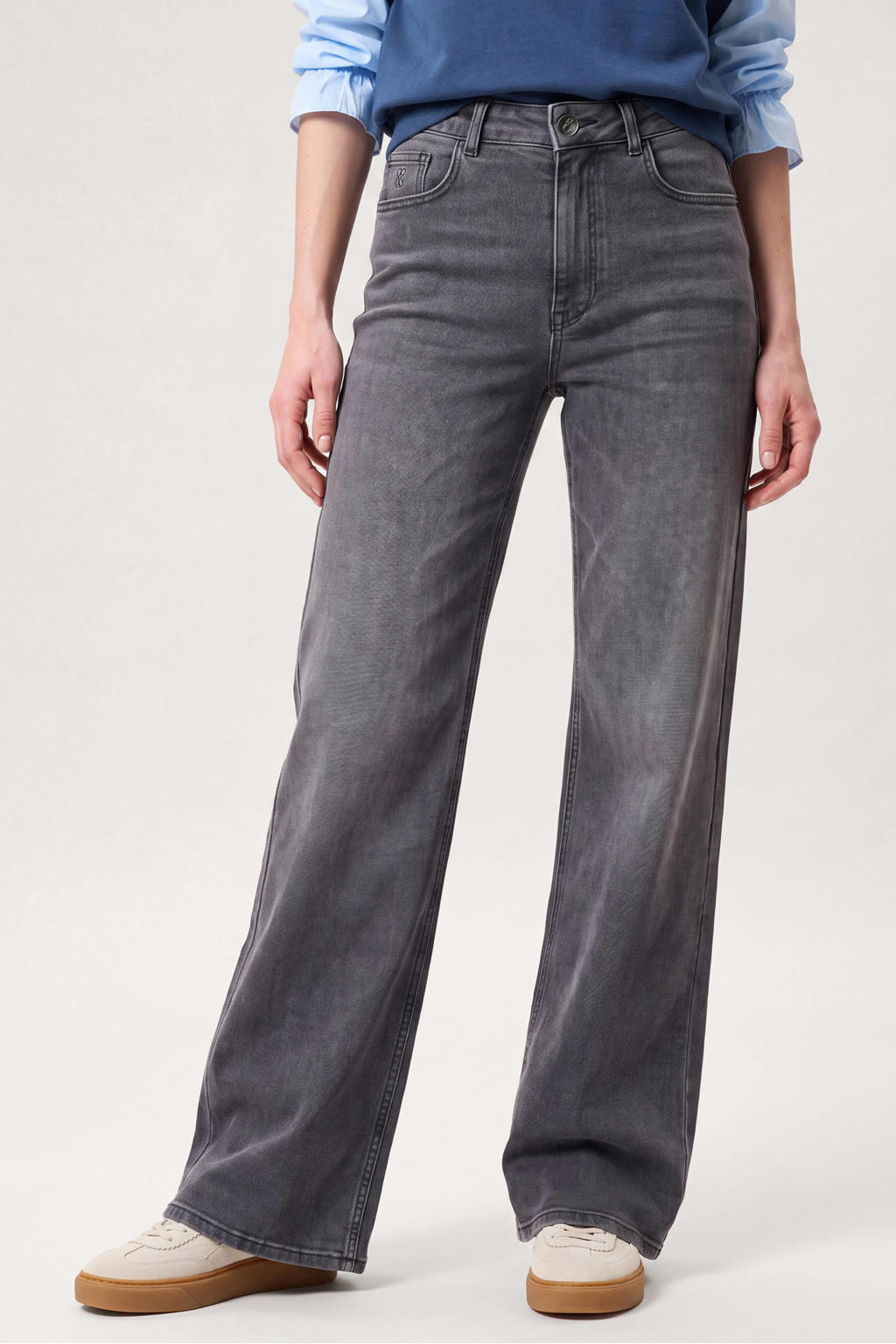 Grey denim dames Miss Etam wide leg jeans van katoen met high waist, rits- en knoopsluiting en effen