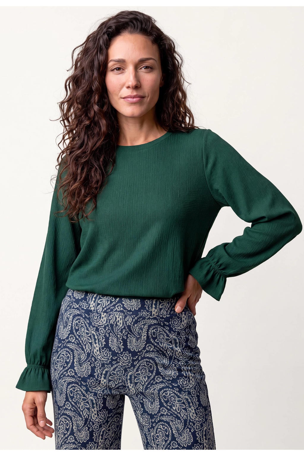 Groene dames Miss Etam top van polyester met effen, lange mouwen en ronde hals