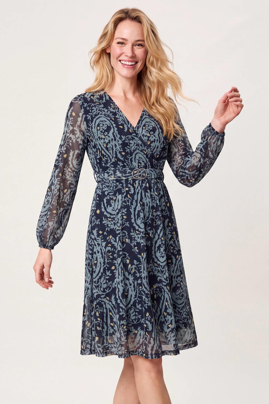 Blauwe dames Miss Etam wikkeljurk van polyester met lange mouwen en overslagkraag
