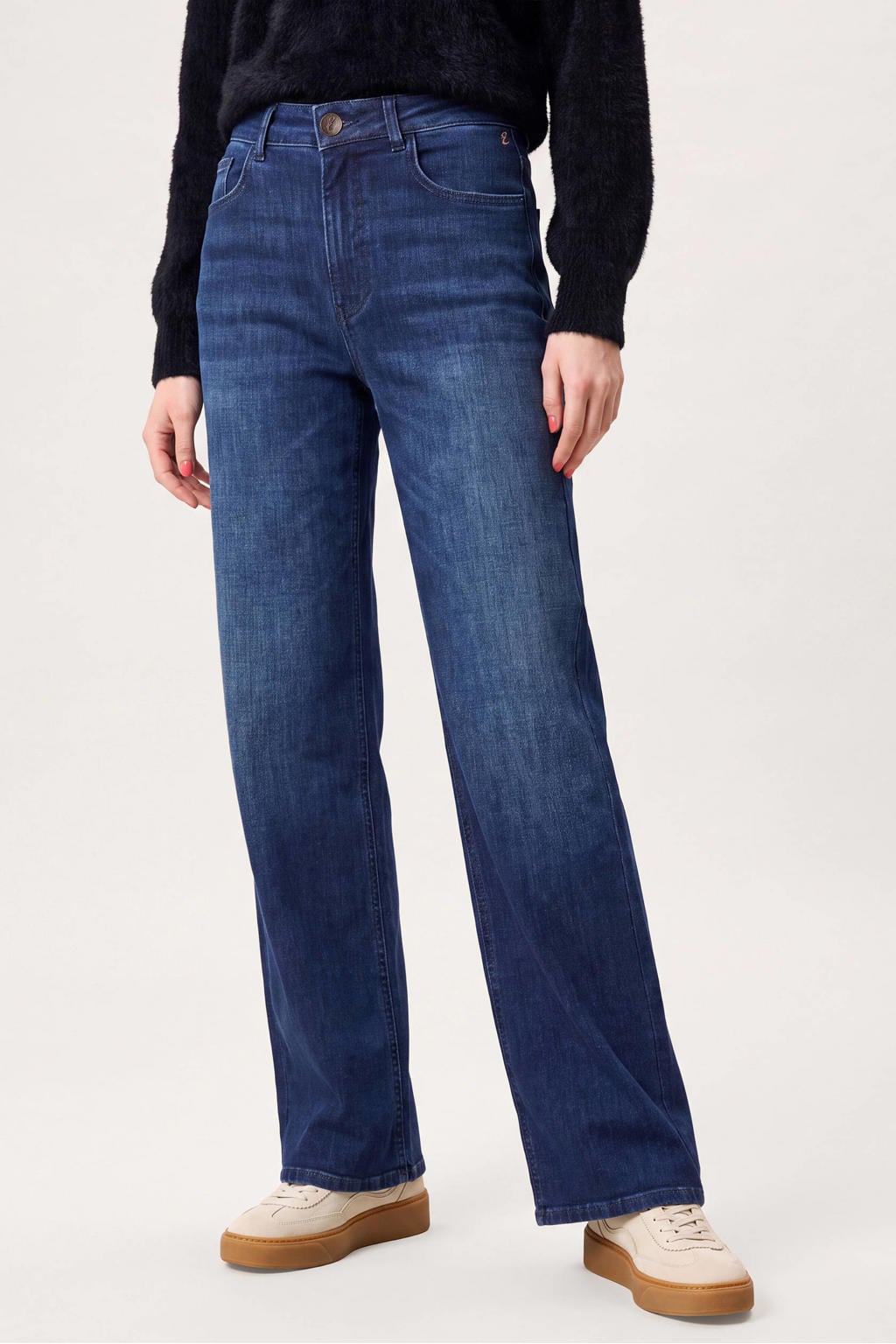 Dark blue denim dames Miss Etam wide leg jeans van katoen met high waist, rits- en knoopsluiting en effen