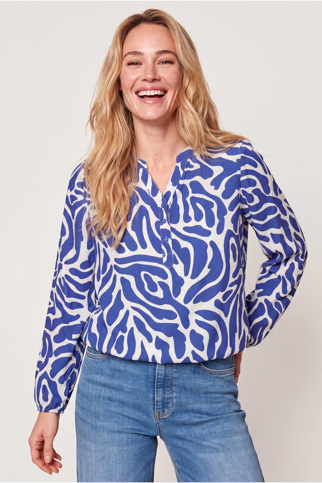 Blauwe dames Miss Etam van viscose met lange mouwen, V-hals en knoopsluiting