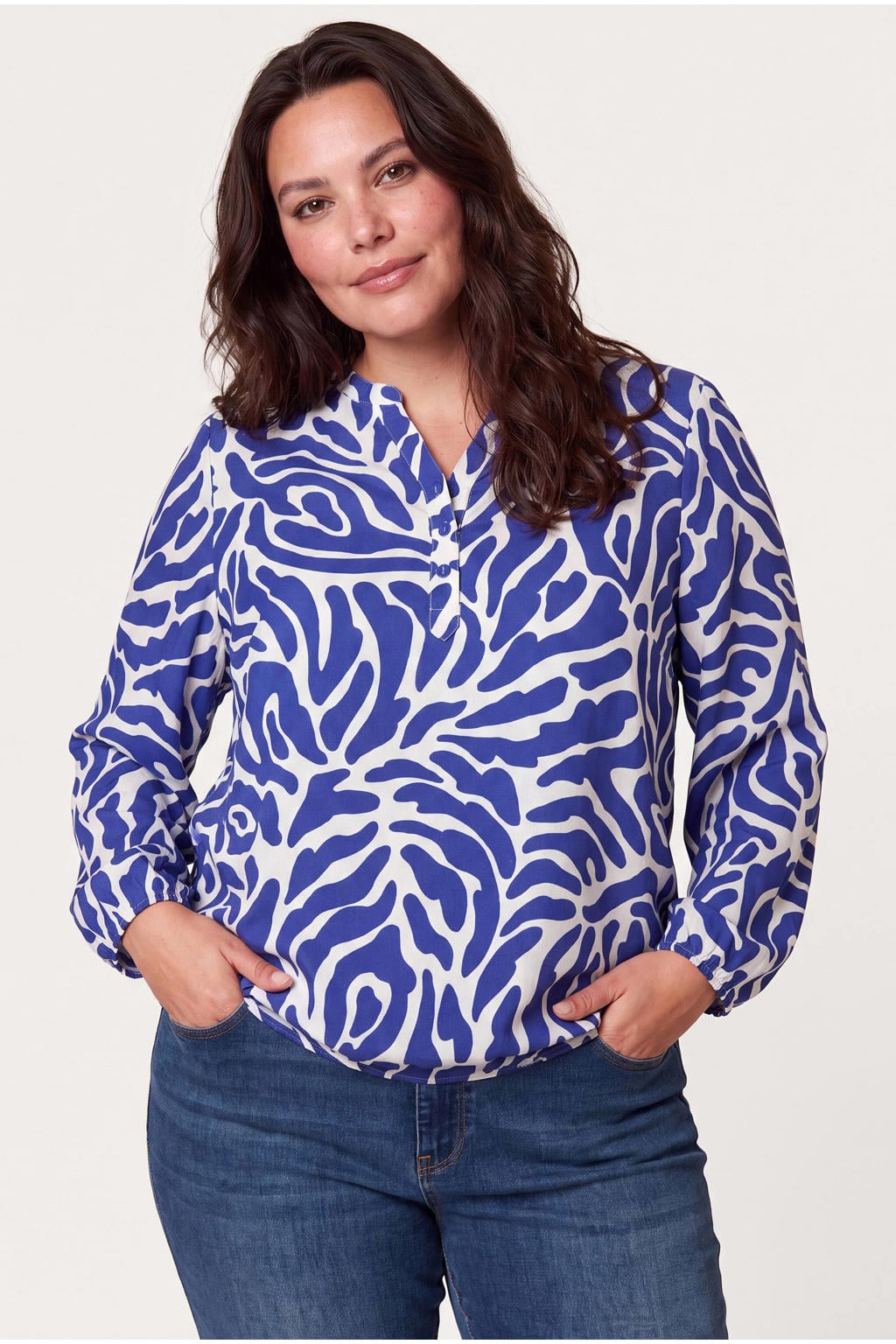 Blauwe dames Miss Etam Plus top van viscose met lange mouwen en klassieke kraag