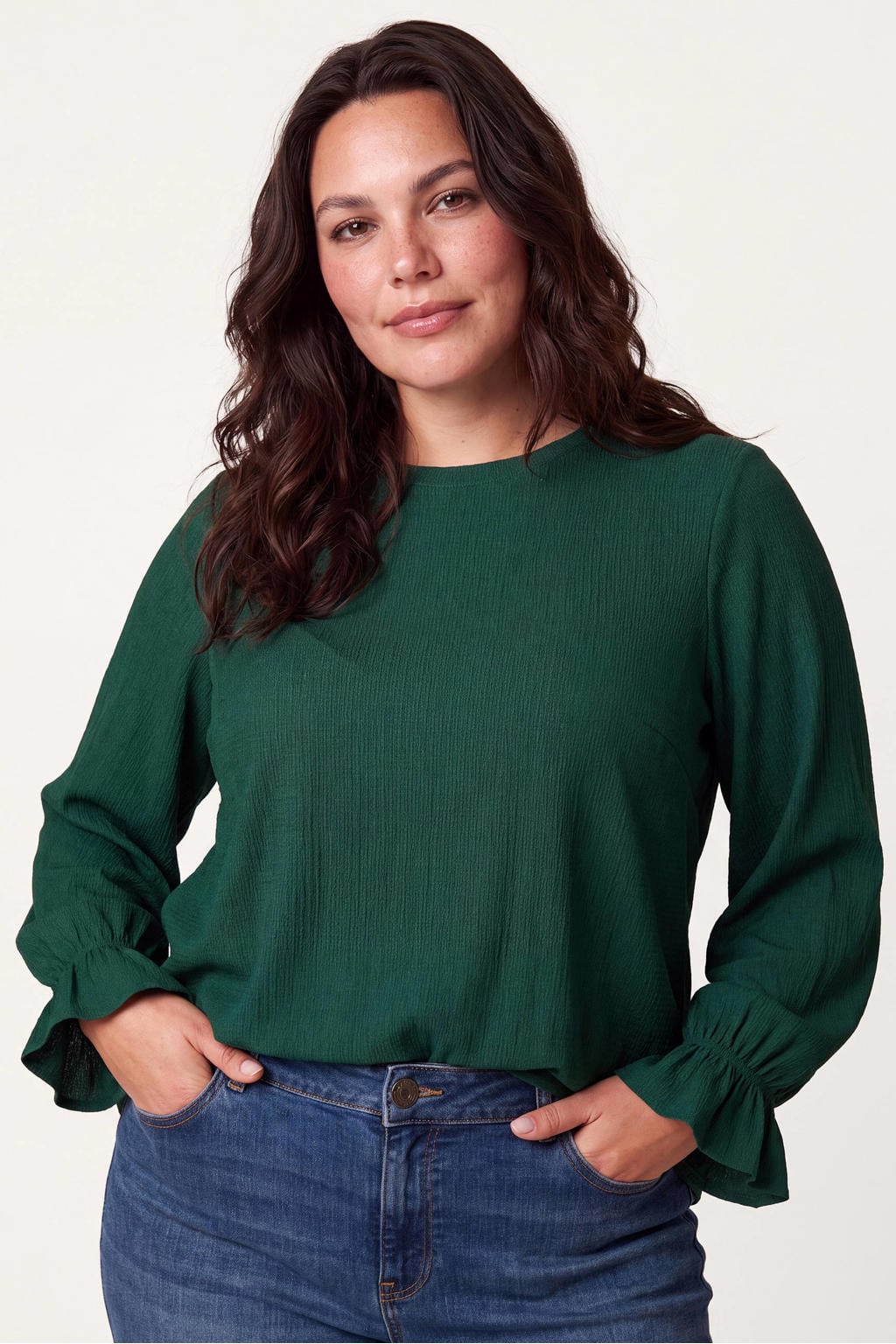 Donkergroene dames Miss Etam Plus top van polyester met effen en lange mouwen