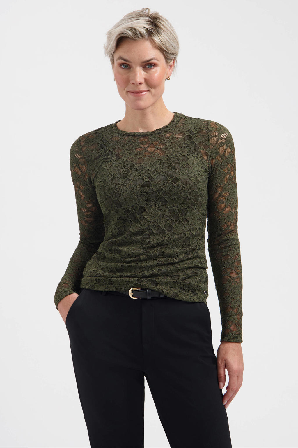Groene dames Lady Day gebloemde top van polyamide met korte mouwen en ronde hals