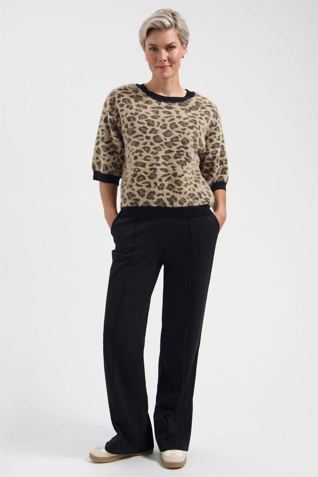 Bruin en zwarte dames Lady Day trui van nylon met panterprint, lange mouwen en ronde hals