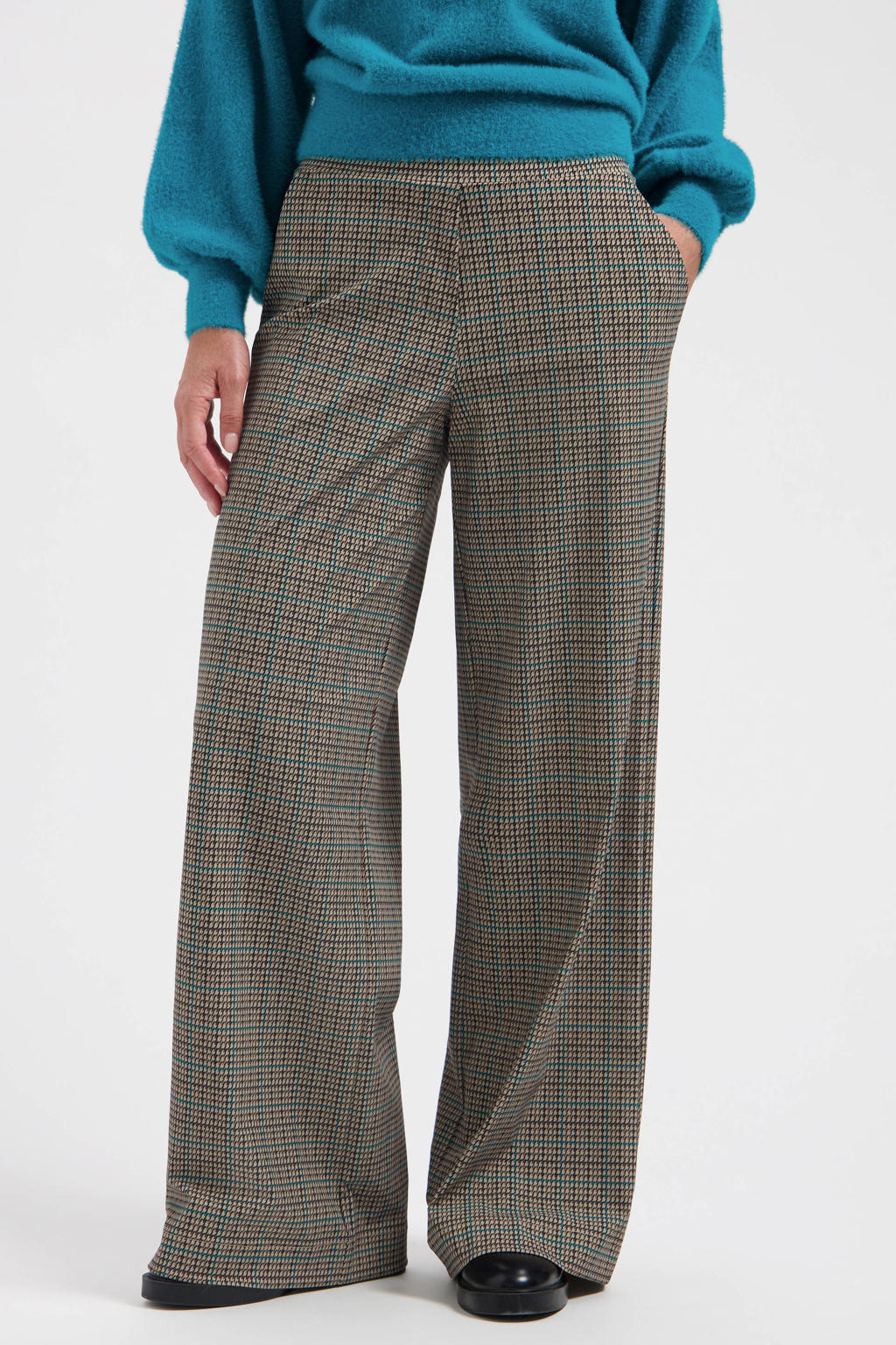Bruine dames Lady Day high waist straight leg geruite broek van travelstof