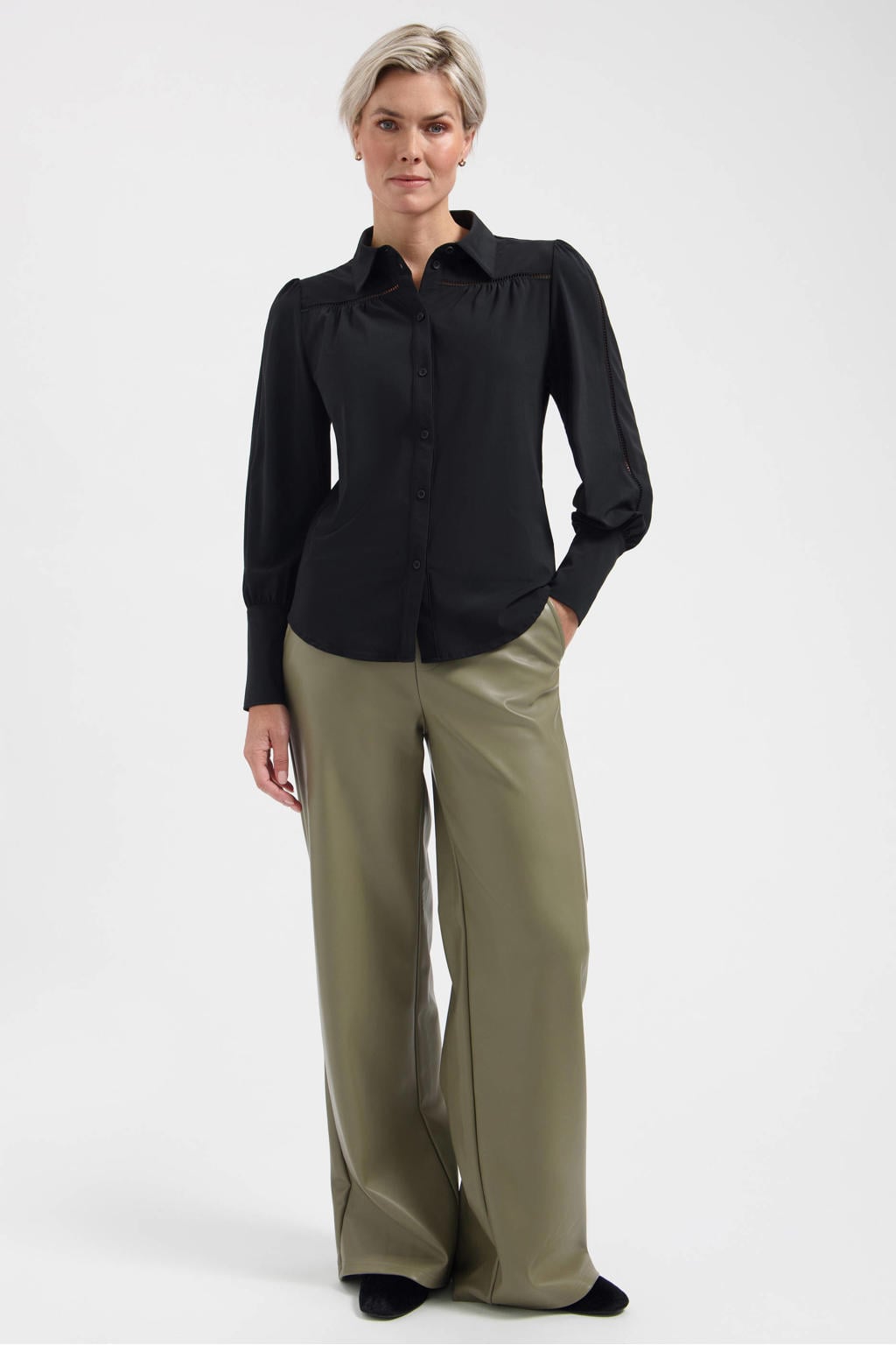 Groene dames Lady Day imitatieleren wide leg broek met high waist en elastische inzet