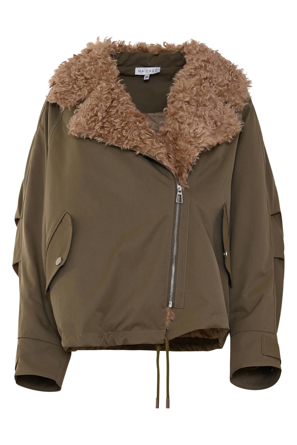 Groene dames Maicazz & Zizo bomberjack van polyester met effen, lange mouwen, reverskraag en imitatiebontkraag