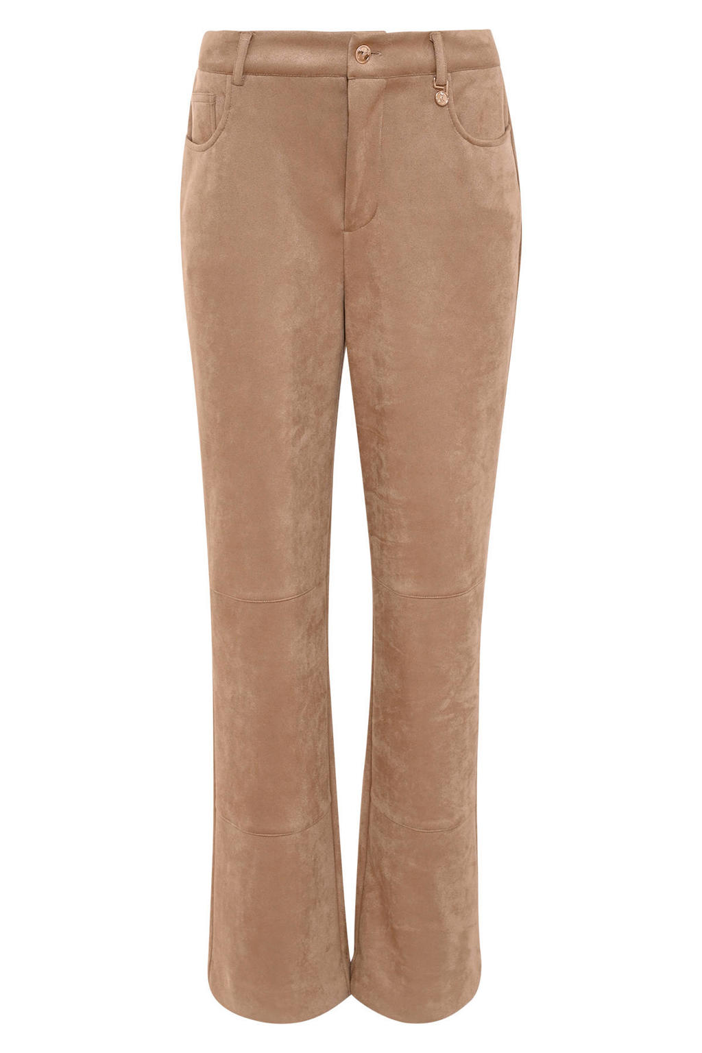 Camelkleurige dames Maicazz & Zizo suèdelook straight leg broek met rits- en knoopsluiting en effen