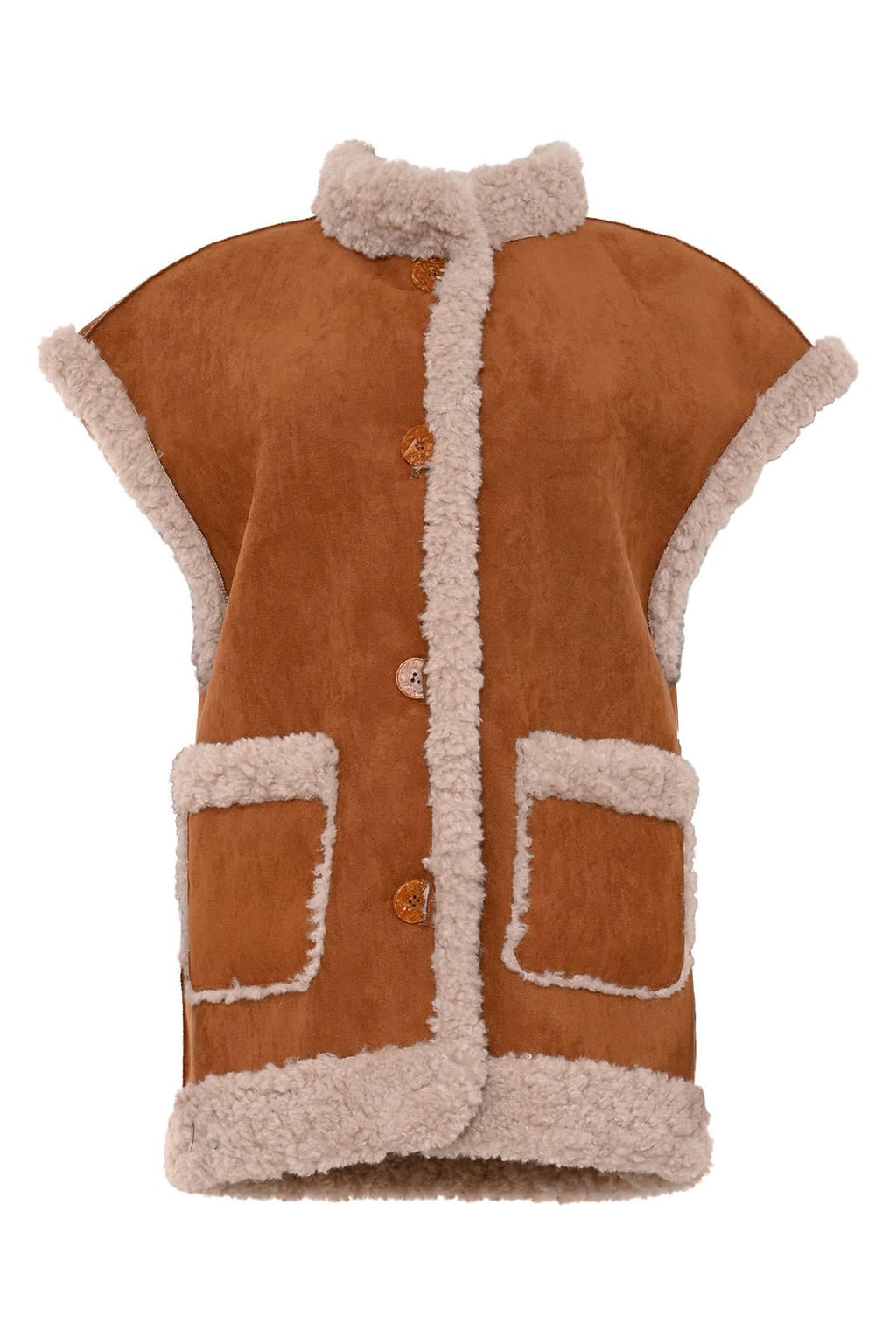 Bruine dames Maicazz & Zizo suèdelook teddy gilet met effen, opstaande kraag en knoopsluiting