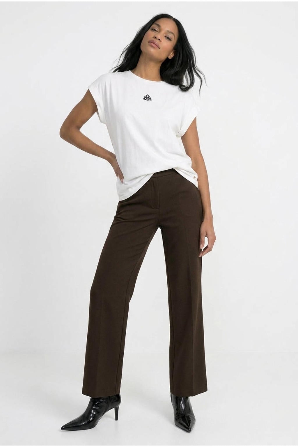 Donkerblauwe dames Maicazz & Zizo high waist straight leg broek van viscose met rits- en knoopsluiting en effen