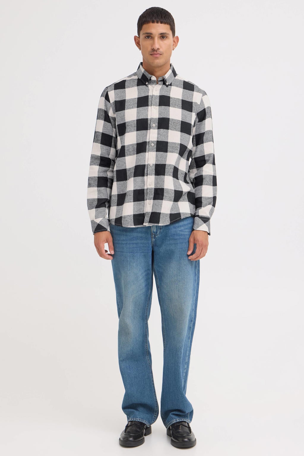 Blend flanel regular fit geruit overhemd - grijs
