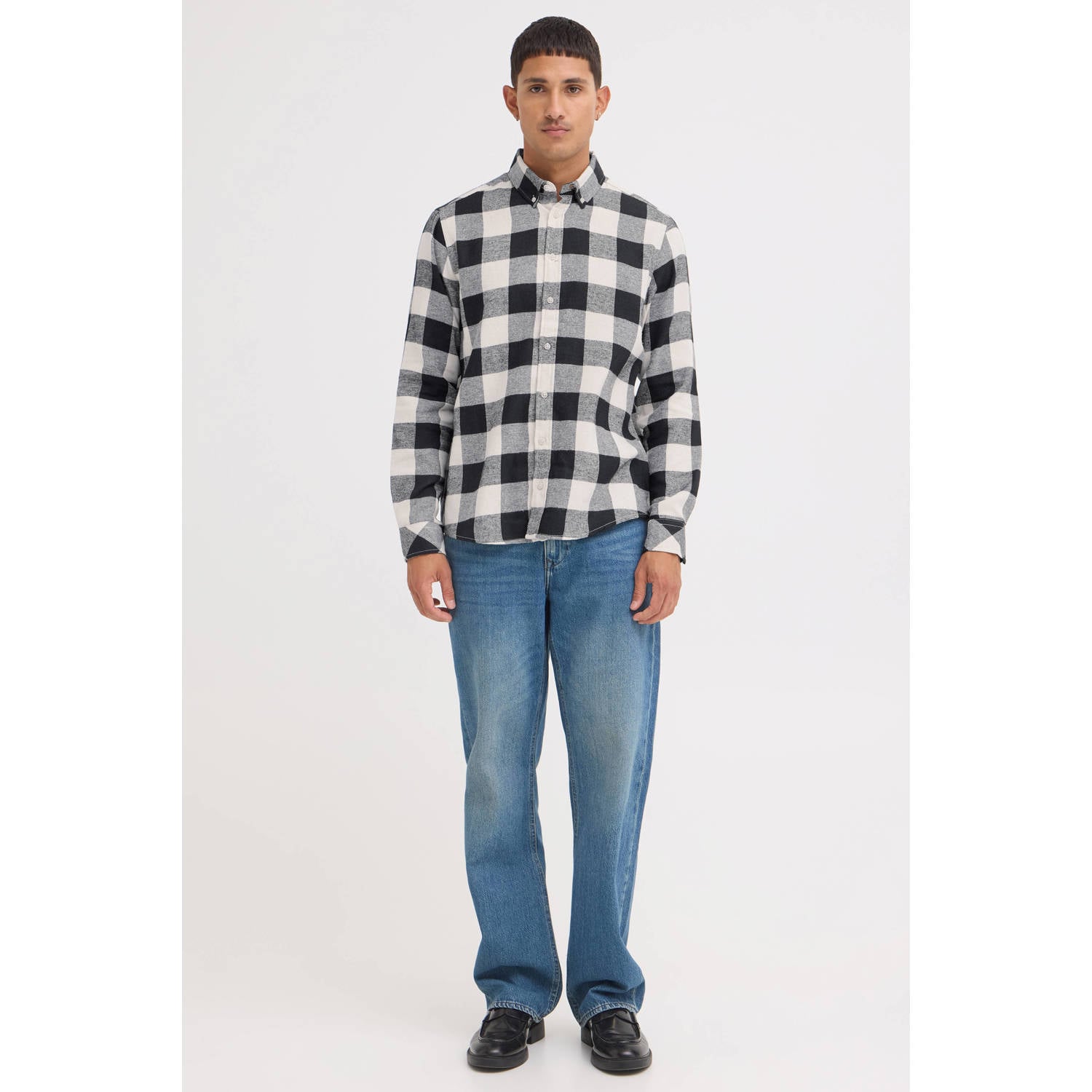 Blend flanel regular fit geruit overhemd grijs