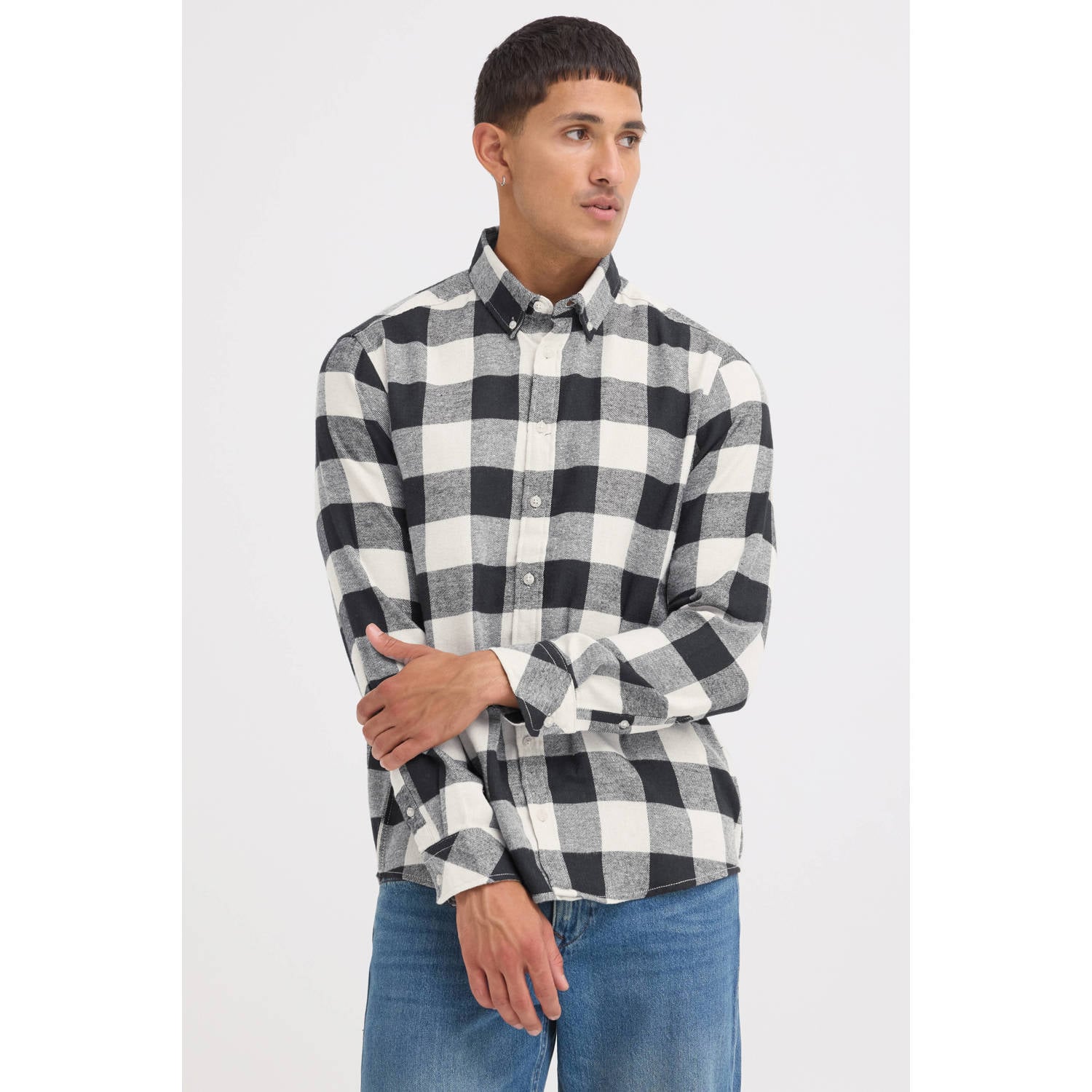 Blend flanel regular fit geruit overhemd grijs