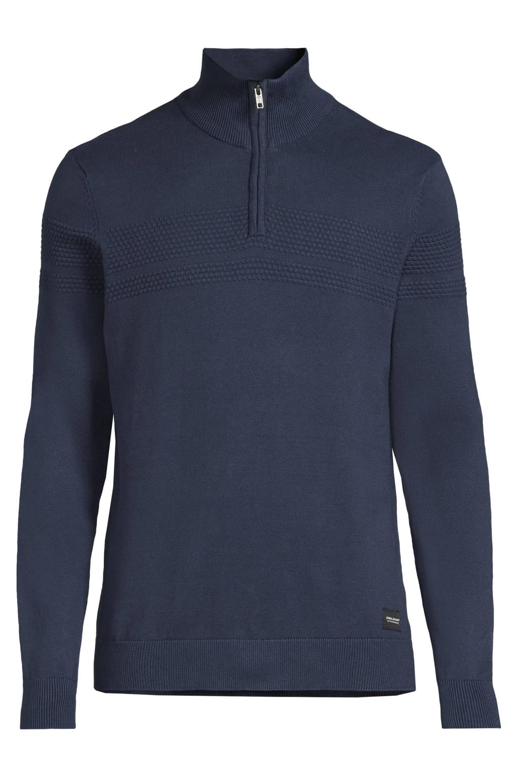 Donkerblauwe heren Blend katoenen regular fit gebreide trui met lange mouwen en opstaande kraag