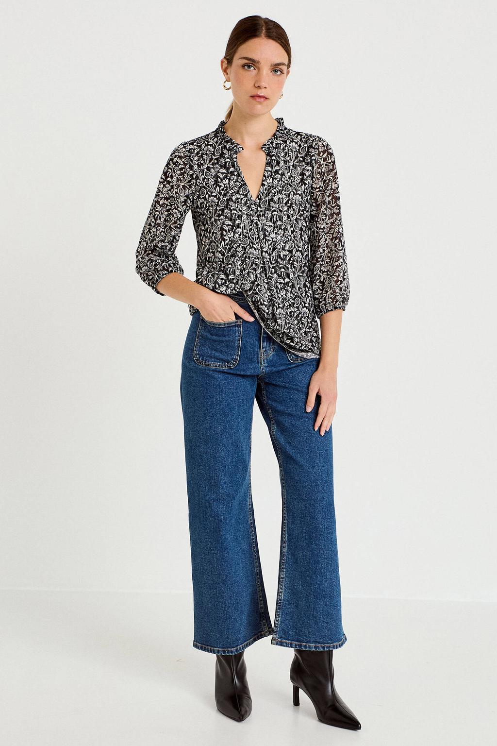 Zwart en ecru dames Cache Cache top van polyester met paisley print, lange mouwen en V-hals