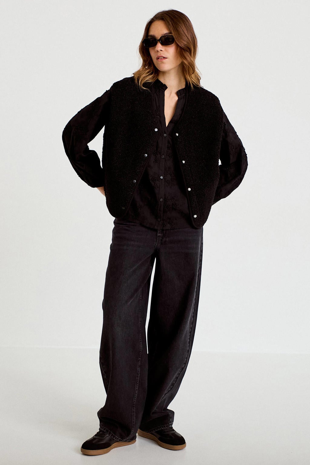 Zwarte dames Cache Cache blouse van katoen met effen, lange mouwen, klassieke kraag, knoopsluiting en borduursels