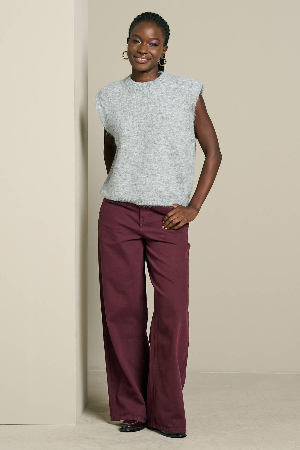 Donkerrode dames LOLALIZA wide leg broek van katoen met rits- en knoopsluiting en effen