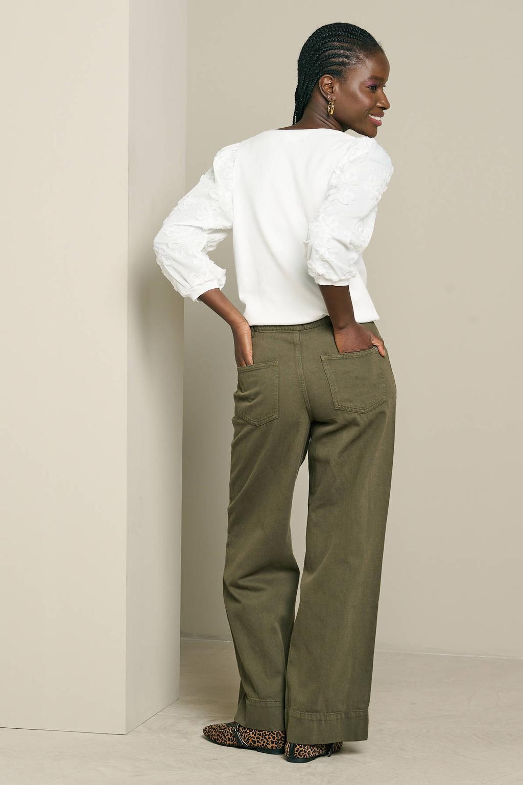Kakikleurige dames LOLALIZA wide leg jeans van denim met rits- en knoopsluiting en effen