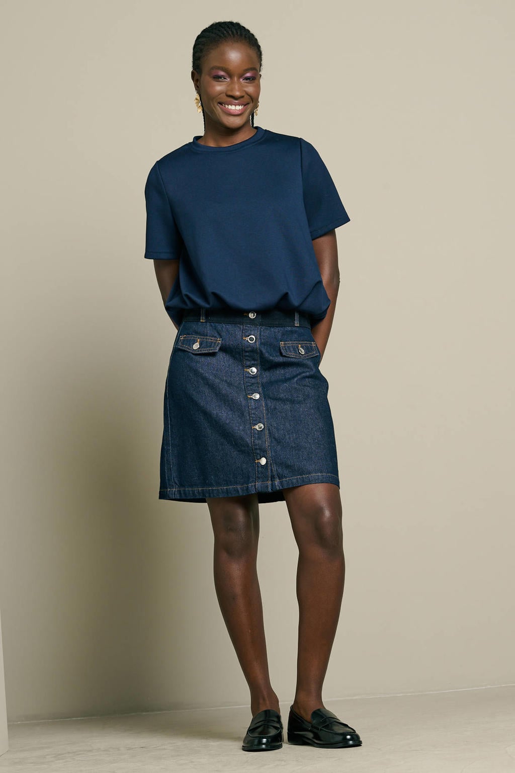 Blauwe dames LOLALIZA T-shirt van polyester met effen, driekwart mouwen en ronde hals