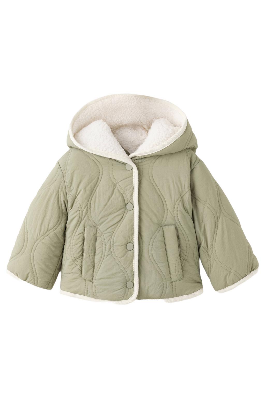 Groene meisjes Mango Kids quilted winterjas van polyamide met effen, lange mouwen, capuchon en drukknoopsluiting