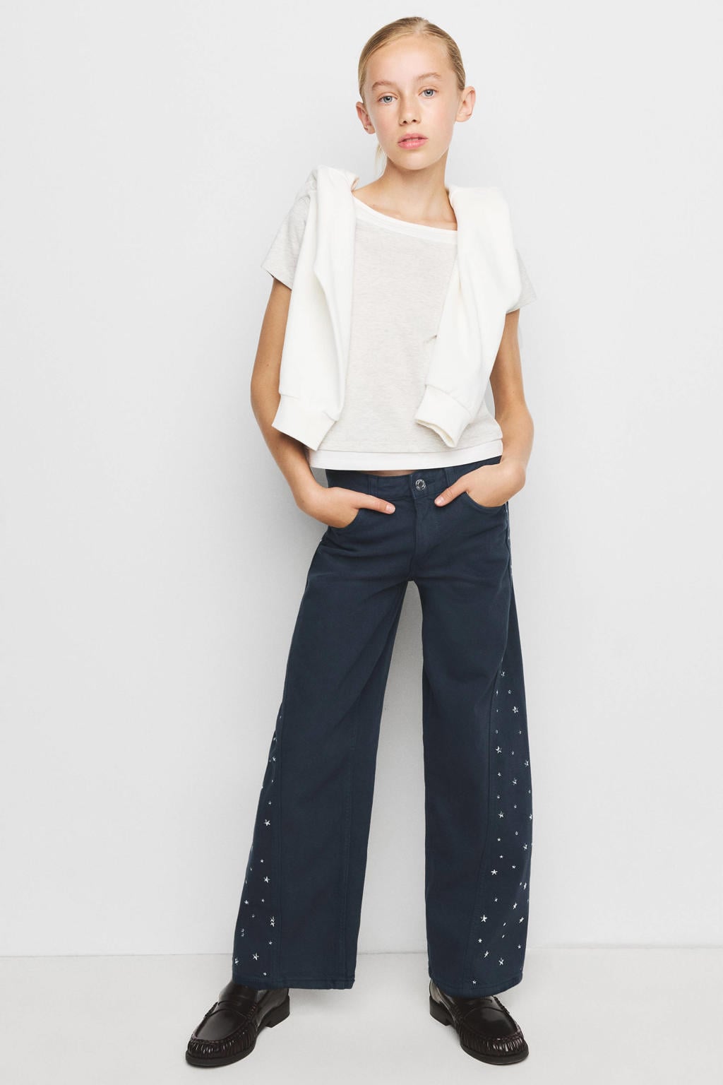 Dark blue denim meisjes Mango Kids regular waist wide leg cropped jeans van denim met rits- en knoopsluiting en effen