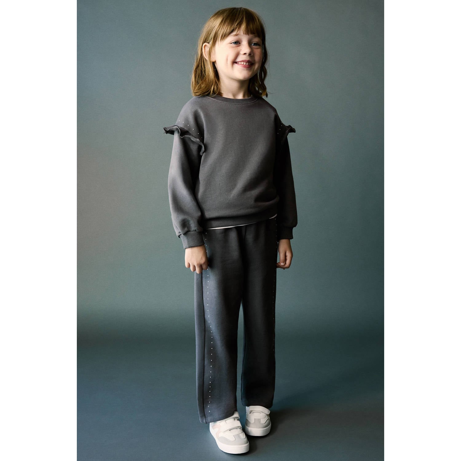 Mango Kids sweater met ruches en studs antraciet