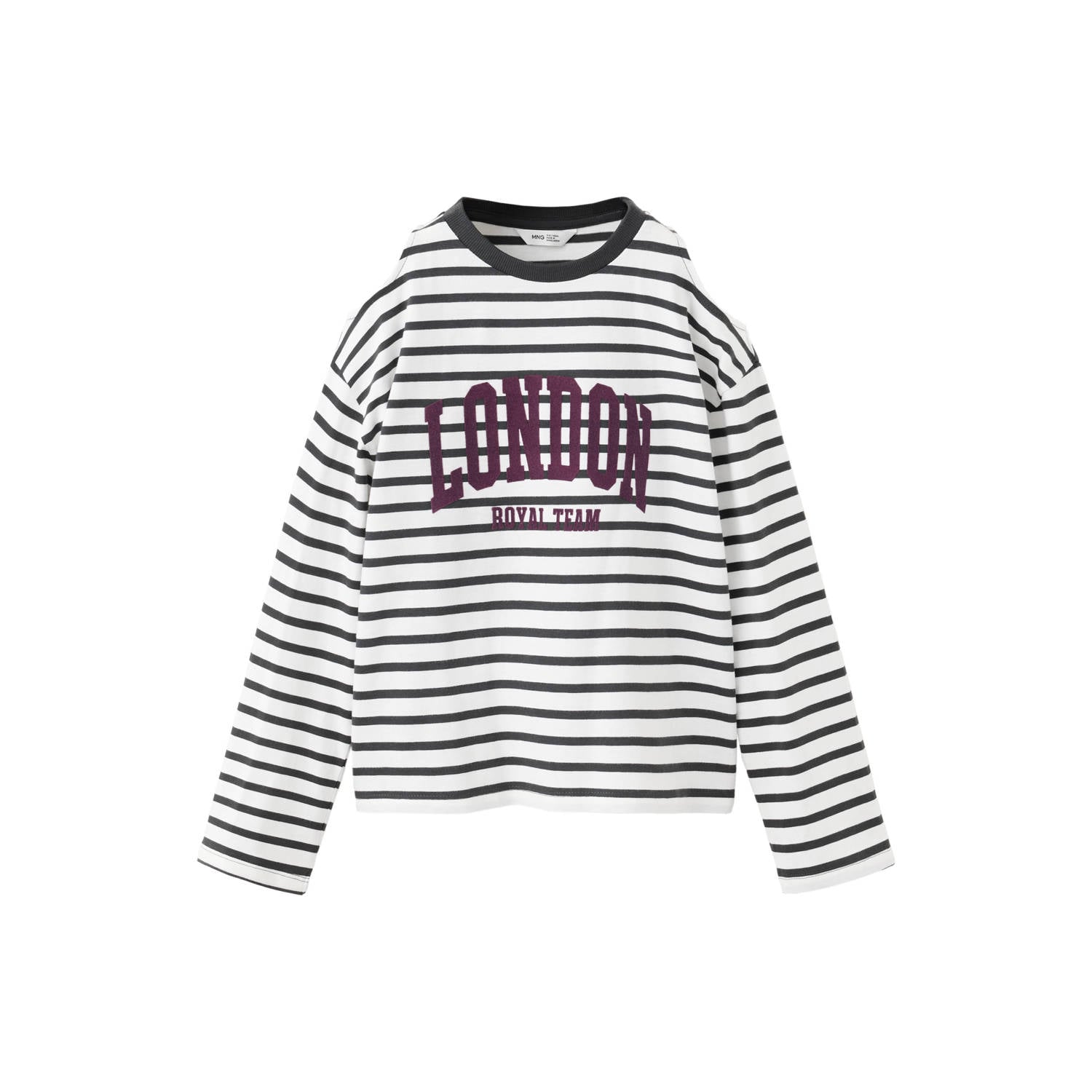 Mango Kids gestreepte longsleeve met open schouders en tekst