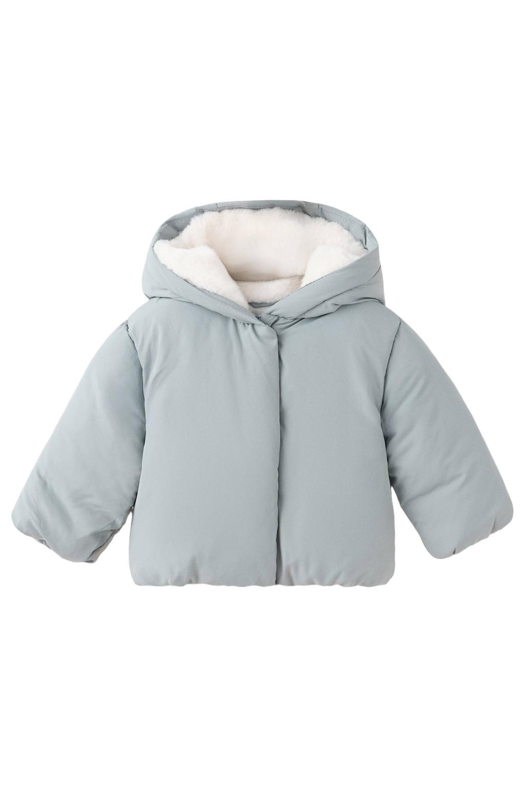 Groene meisjes Mango Kids gewatteerde winterjas van polyester met effen, lange mouwen, capuchon en drukknoopsluiting