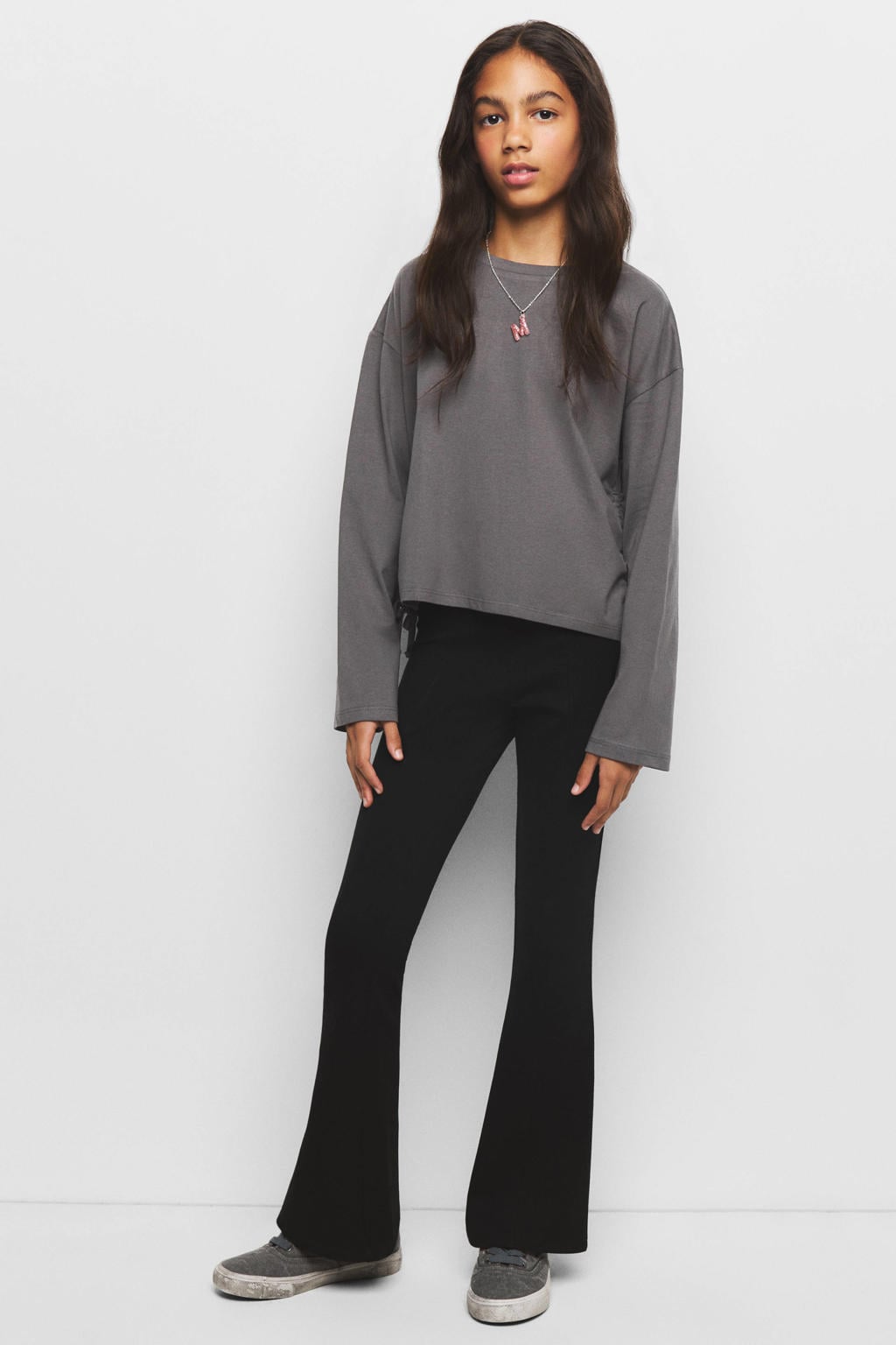 Antraciete meisjes Mango Kids longsleeve van katoen met effen, lange mouwen, ronde hals en plooien