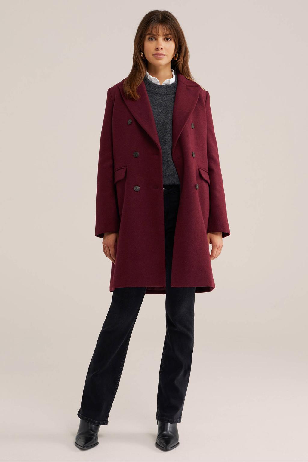 Donkerrode dames WE Fashion winterjas van polyester met effen, lange mouwen, klassieke kraag en double breasted sluiting