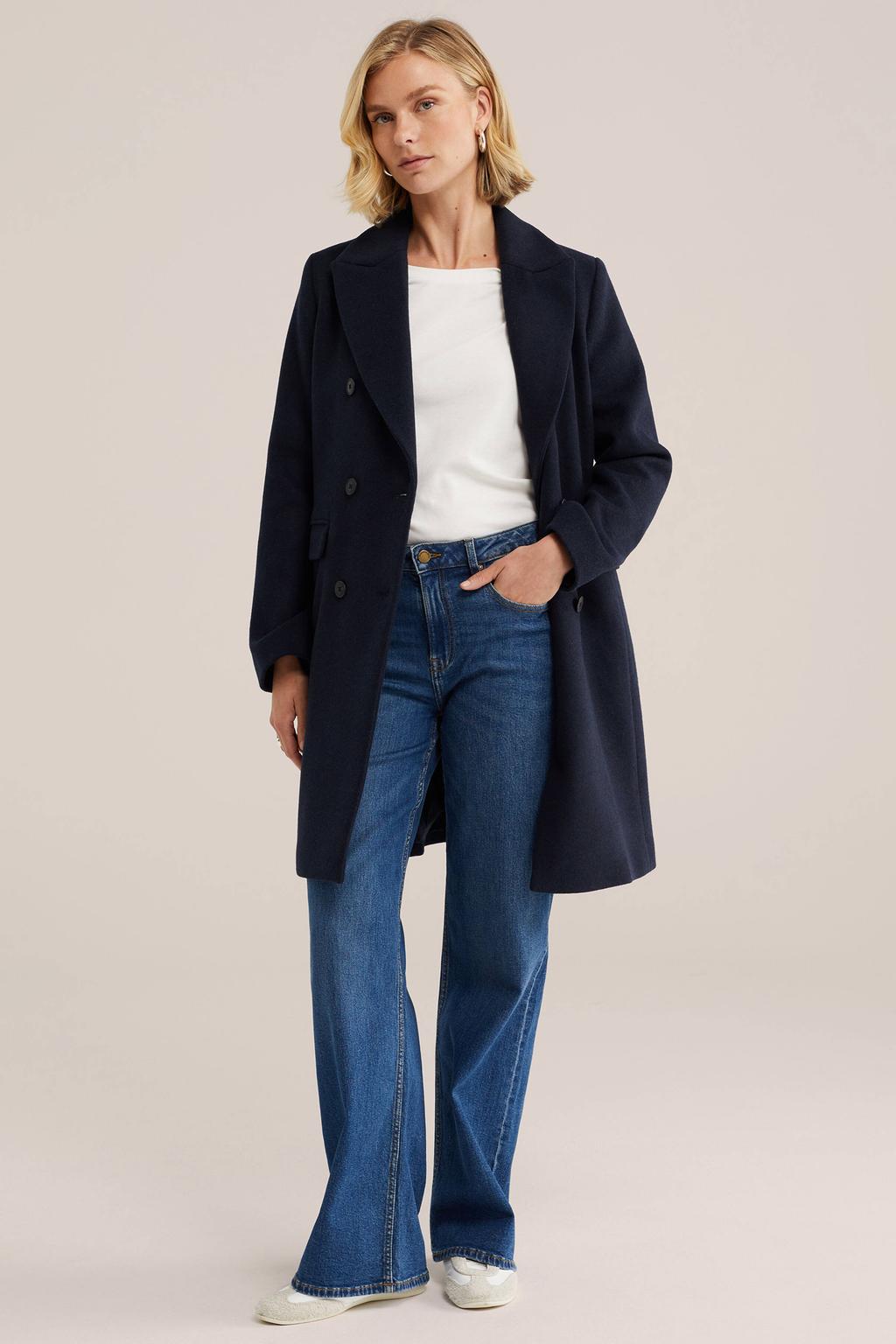 Donkerblauwe dames WE Fashion winterjas van polyester met effen, lange mouwen, klassieke kraag en double breasted sluiting