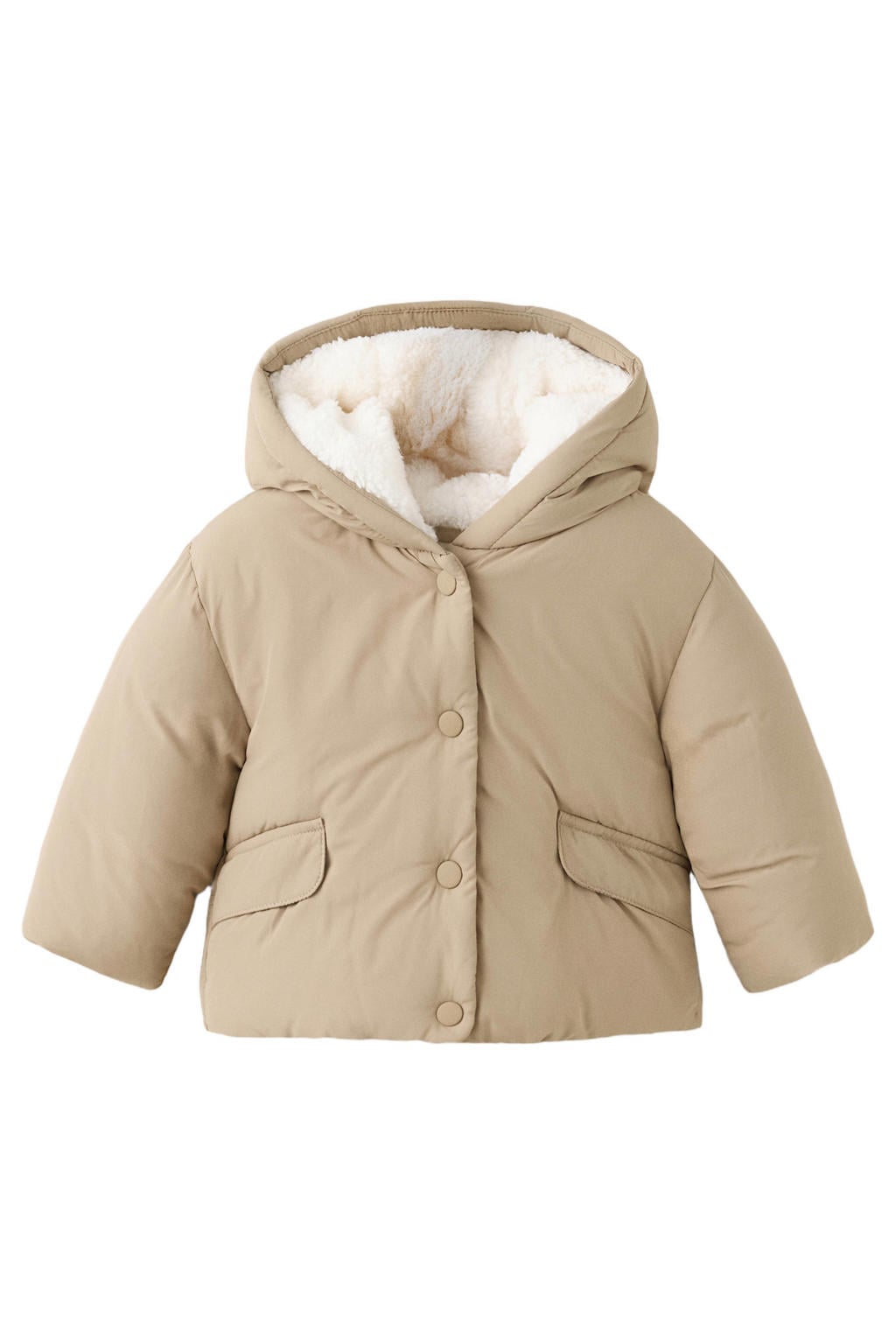 Beige jongens Mango Kids winterjas van polyester met effen, lange mouwen, capuchon en knoopsluiting