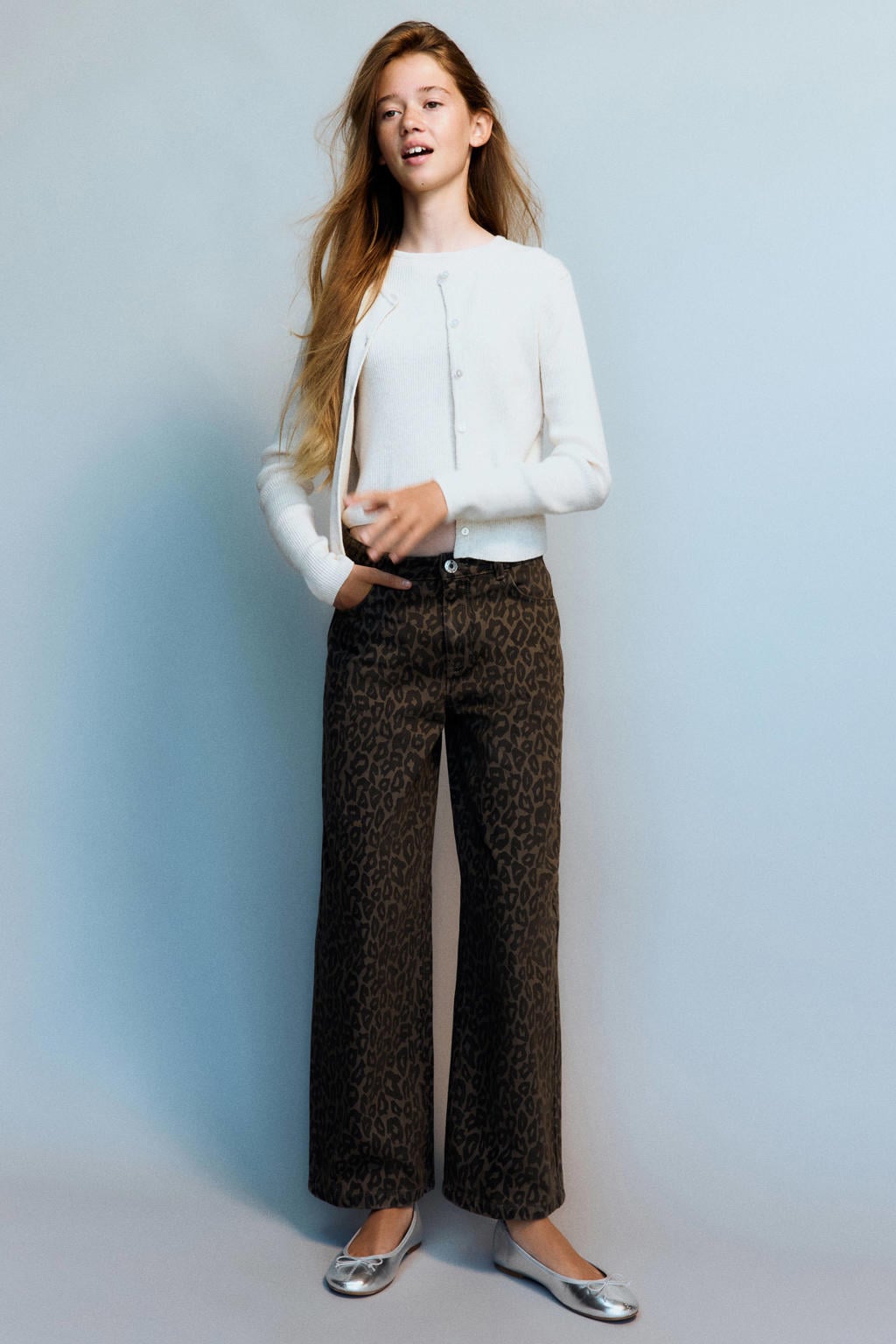 Bruine meisjes Mango Kids wide leg jeans van denim met rits- en knoopsluiting en dierenprint