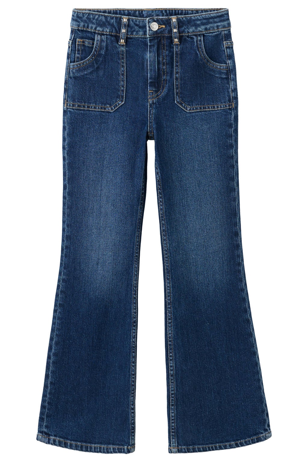 Dark blue denim meisjes Mango Kids flared jeans van denim met regular waist, rits- en knoopsluiting en effen