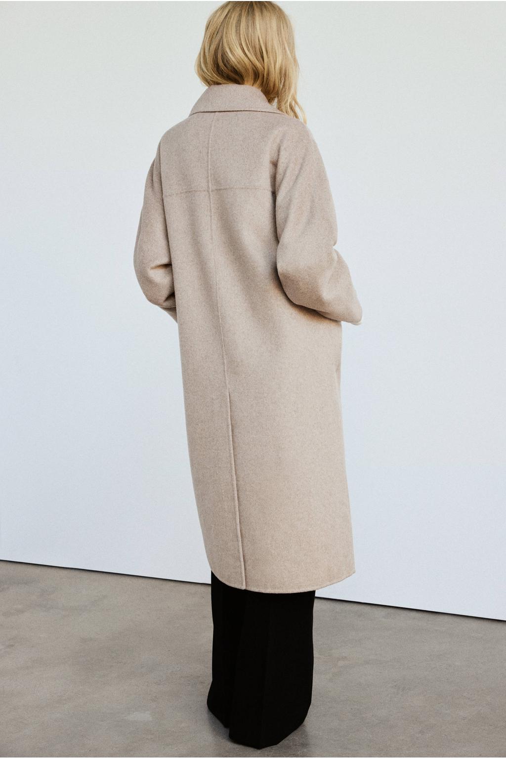 Beige dames Mango mantel van wol met effen, lange mouwen en reverskraag