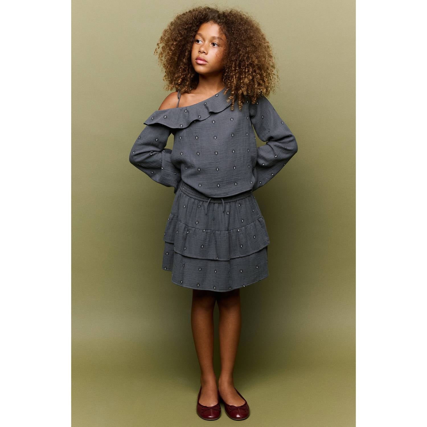 Mango Kids gebloemde midi strokenrok met ruches grijs