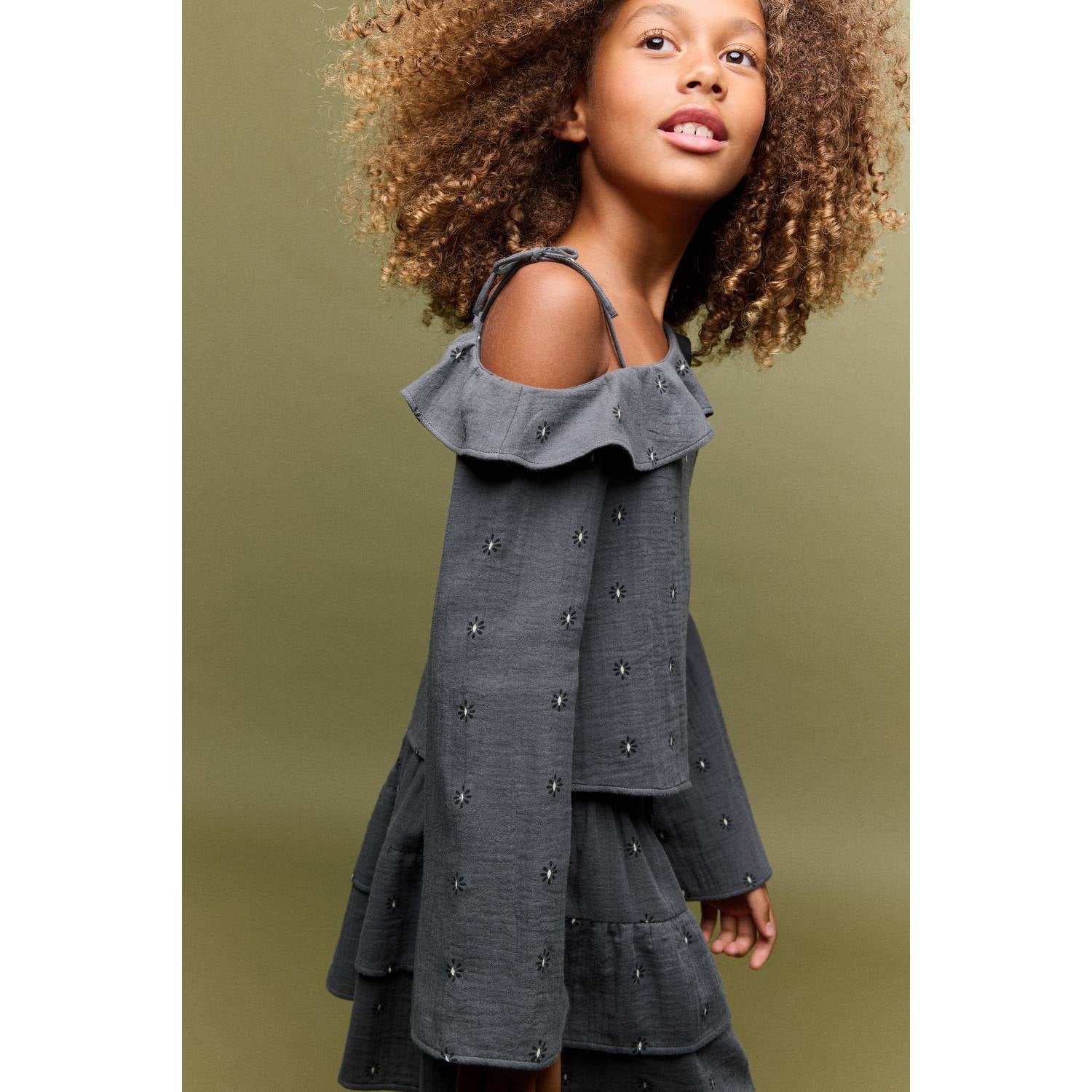 Mango Kids gebloemde midi strokenrok met ruches grijs