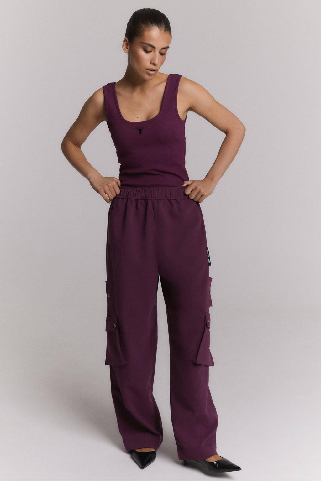 Aubergine dames Alix the Label wide leg cargobroek met effen