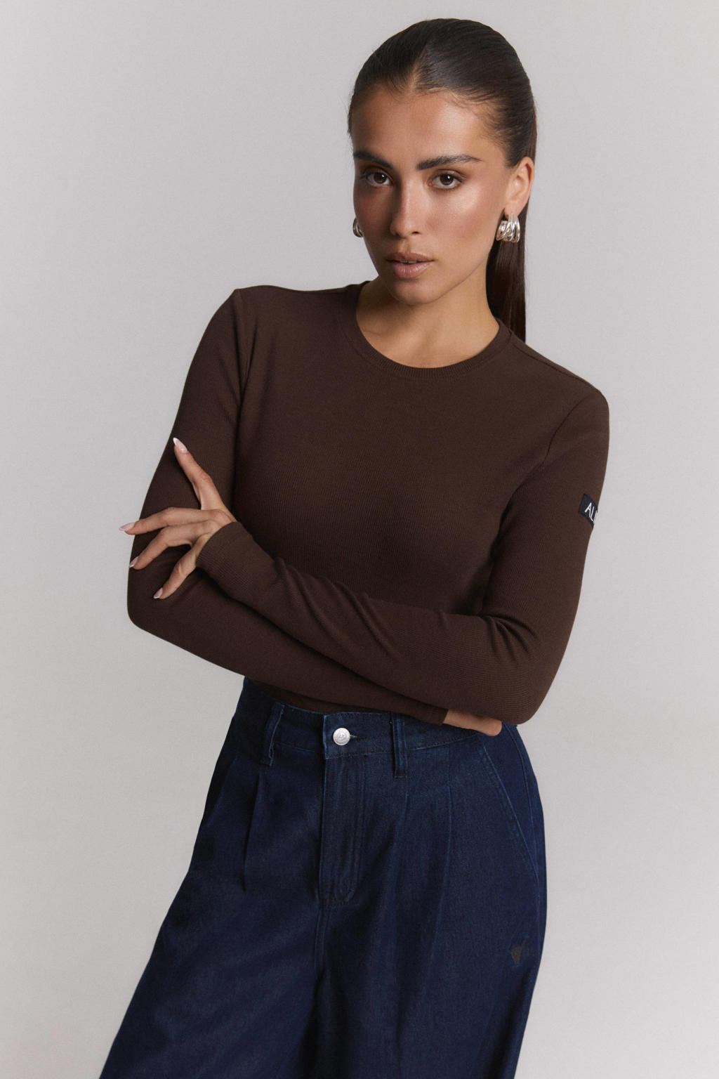 Bruine dames Alix the Label aansluitende top met effen, lange mouwen en ronde hals