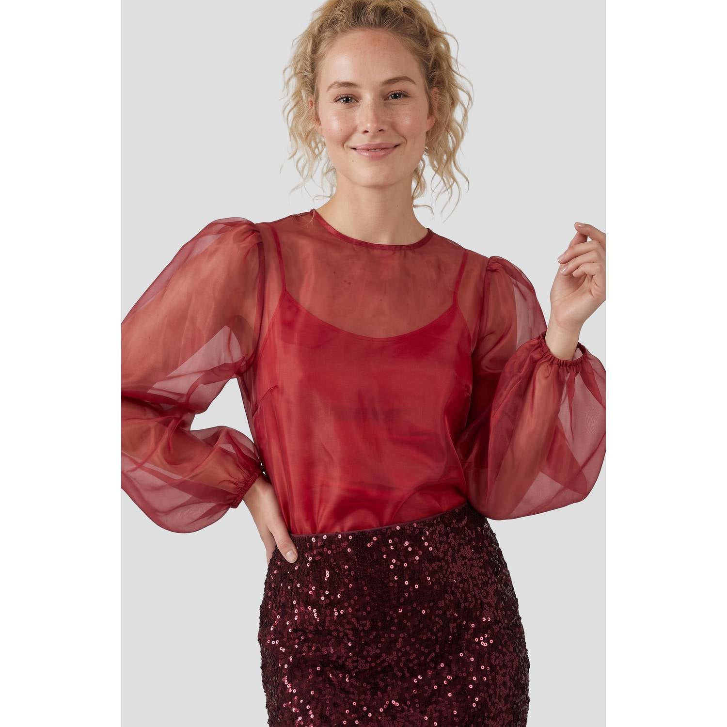 Anytime organza blouse met pofmouwen rood