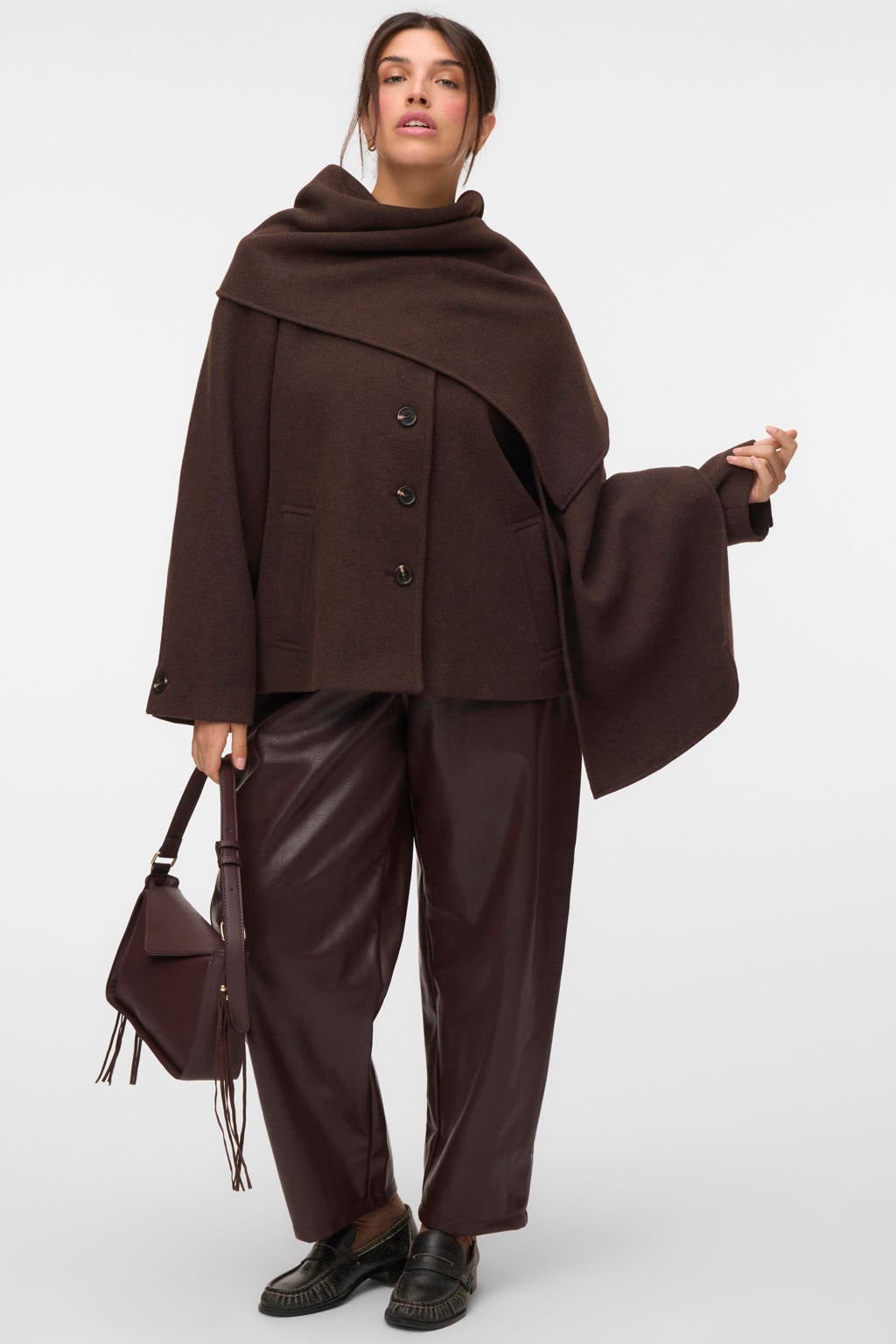 VERO MODA Curve x Wehkamp Plus Size winterjas met wol - donkerbruin