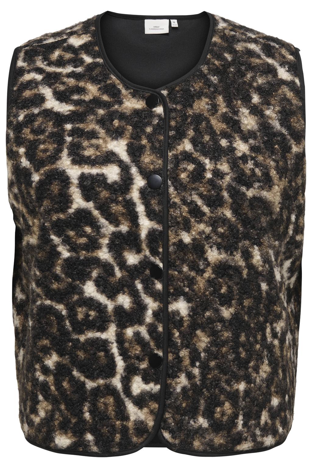 Bruine dames ONLY CARMAKOMA Plus Size teddy gilet met panterprint en knoopsluiting