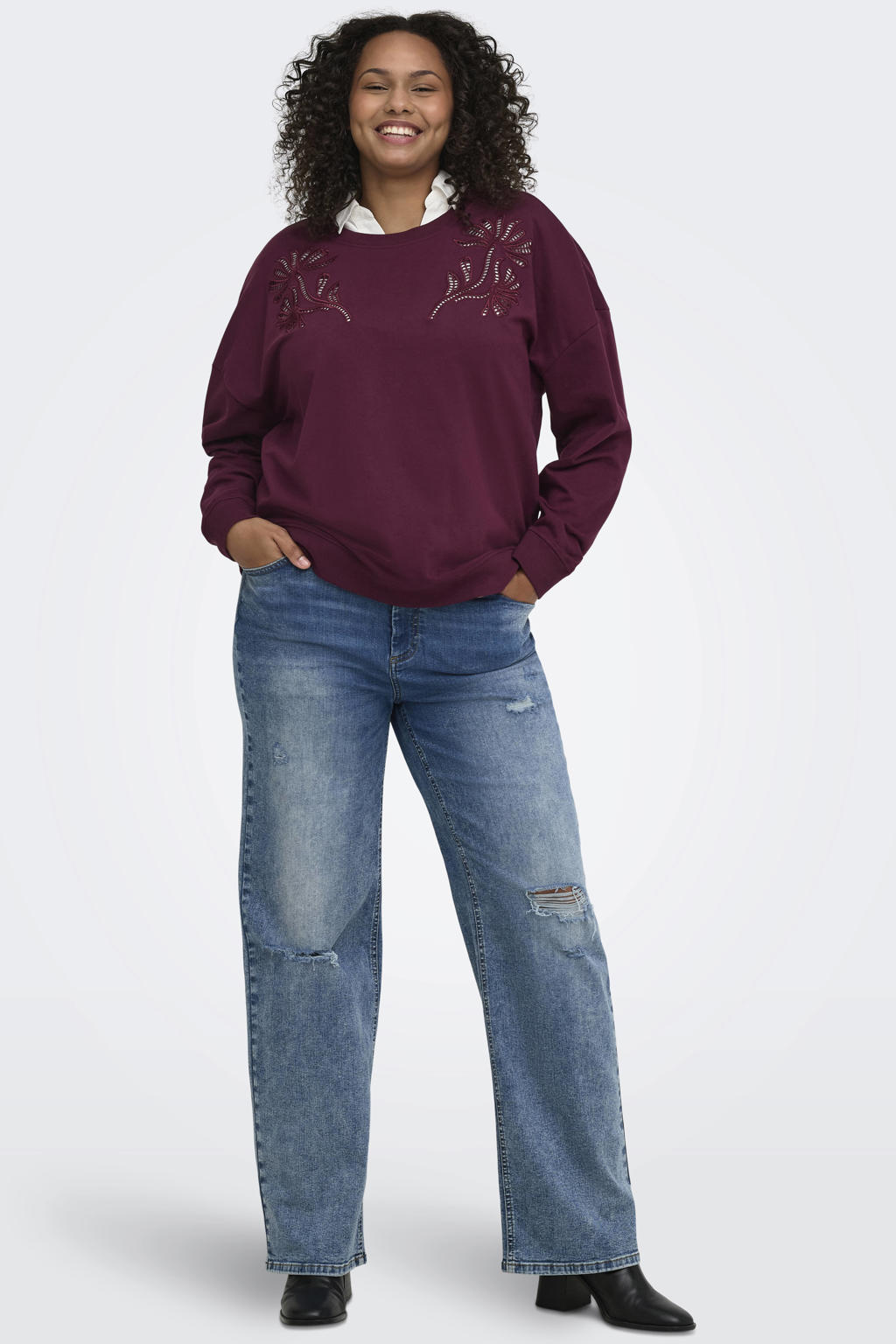 ONLY CARMAKOMA Plus Size katoenen gebloemde sweater met borduursels - donkerrood